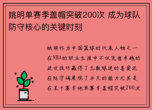 姚明单赛季盖帽突破200次 成为球队防守核心的关键时刻