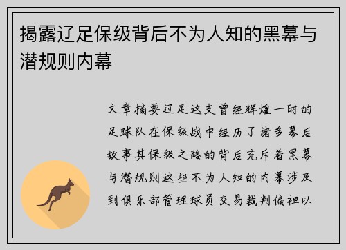 揭露辽足保级背后不为人知的黑幕与潜规则内幕 揭露辽足保级背后不为人知的黑幕与潜规则内幕